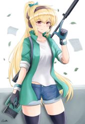 Rule 34 | 1girl, artist name, blonde hair, bolt action, bow, ear protection, gamryous, girls&#039; frontline, gloves, green hairband, gun, hair bow, hairband, highres, jacket, long hair, looking at viewer, material sniper, ponytail, red eyes, rifle, scope, shorts, sleeves rolled up, smile, sniper rifle, solo, sv-98, sv-98 (girls&#039; frontline), thighhighs, weapon