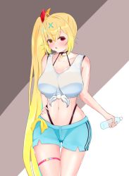 Rule 34 | 1girl, ahoge, bare shoulders, black panties, blonde hair, blue hair, blue shorts, blush, bottle, breasts, brown background, collarbone, crop top, embarrassed, empty eyes, female focus, hair ornament, hair ribbon, hand on own hip, have to pee, heterochromia, highleg, highleg panties, highres, holding, hoshikawa sara, large breasts, long hair, looking at viewer, midriff, multicolored hair, navel, nesky, nijisanji, nose blush, open mouth, panties, peeing, peeing self, red eyes, ribbon, shiny skin, shirt, short shorts, shorts, side ponytail, sidelocks, simple background, skindentation, sleeveless, sleeveless shirt, solo, standing, stomach, streaked hair, sweat, tears, thigh gap, thigh strap, tied shirt, two-tone hair, underwear, very long hair, virtual youtuber, wet, wet clothes, white shirt, wide hips, x hair ornament, yellow eyes