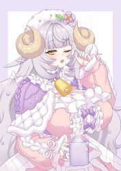 Rule 34 | 1girl, ;o, animal ears, bell, blunt bangs, blush, border, bow, breasts, capelet, center frills, cleavage, commentary, cup, dress, english commentary, esila shephield, frilled dress, frills, fur-trimmed dress, fur trim, gloves, hair bow, hair intakes, hat, highres, holding, holding cup, horns, huge breasts, long sleeves, neck bell, nexas (vtuber), one eye closed, open mouth, pink dress, puffywaffles, purple border, purple bow, purple hair, sheep ears, sheep horns, sidelocks, sleeves past elbows, solo, teabag, teeth, tongue, upper teeth only, virtual youtuber, white background, white bow, white capelet, white gloves, white hat, yellow eyes