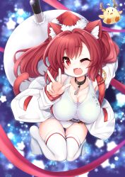 Rule 34 | 1girl, absurdres, animal ears, antlers, azur lane, bird, blue background, blue one-piece swimsuit, breasts, cat ears, cat girl, cat tail, chick, choker, christmas, fake antlers, fang, gradient background, hat, highres, horns, i-19 (azur lane), jacket, kinomiki nobori, large breasts, long hair, looking at viewer, manjuu (azur lane), one-piece swimsuit, one eye closed, open mouth, red hair, reindeer antlers, ribbon, sack, santa hat, school swimsuit, smile, swimsuit, tail, tail ornament, tail ribbon, thighhighs, torpedo, v, white jacket, white one-piece swimsuit, white thighhighs