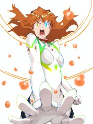 Rule 34 | 1girl, artist request, blue eyes, bodysuit, breasts, cleavage, evangelion: 3.0+1.0 thrice upon a time, floating hair, glowing, glowing eye, highres, interface headset, long hair, looking at viewer, medium breasts, neon genesis evangelion, neon lights, open mouth, plugsuit, rebuild of evangelion, small breasts, solo, souryuu asuka langley, white bodysuit