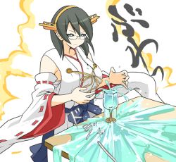 Rule 34 | 10s, akaneyu akiiro, bare shoulders, black hair, cup, detached sleeves, drinking glass, glasses, hairband, japanese clothes, kantai collection, kirishima (kancolle), nontraditional miko, short hair, simple background