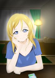 Rule 34 | 1girl, alternate hairstyle, aqua shirt, artist name, artist request, ayase eli, blonde hair, blue eyes, blush, breasts, cellphone, cleavage, elbow on table, female focus, green curtains, hair between eyes, hand on own cheek, hand on own face, highres, indoors, long hair, looking at viewer, love live!, love live! school idol project, medium breasts, parted lips, phone, room, shirt, short hair, short sleeves, smile, solo, table, upper body
