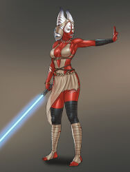 1girl absurdres alien blue_lightsaber breasts colored_skin energy_sword gradient_background highres holding_lightsaber invictarex jedi lightsaber medium_breasts red_skin shaak_ti solo star_wars stirrup_legwear sword toeless_legwear togruta weapon