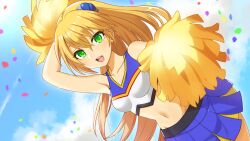 Rule 34 | 1girl, :d, alternate costume, arm up, armpits, bare shoulders, blazblue, blonde hair, blue eyes, blue skirt, cheerleader, confetti, crop top, day, dutch angle, hair ornament, highres, holding, holding pom poms, ika (draw ika02), long hair, midriff, miniskirt, navel, noel vermillion, open mouth, outdoors, pleated skirt, pom pom (cheerleading), pom poms, skirt, smile, solo, teeth, two-tone skirt, upper teeth only, very long hair