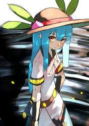 Rule 34 | 1girl, :|, belt, black belt, blue hair, blue shirt, blue skirt, bow, bowtie, closed mouth, collared shirt, commentary, from side, hair between eyes, hand on own hip, hashiro, hat, hat ribbon, highres, hinanawi tenshi, leaf hat ornament, long hair, looking at viewer, multicolored clothes, multicolored skirt, one-hour drawing challenge, orange eyes, peach hat ornament, red bow, red ribbon, ribbon, shirt, short sleeves, sideways glance, skirt, solo, sword, touhou, weapon, white skirt