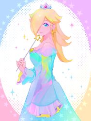 Rule 34 | 1girl, bare shoulders, blonde hair, blue dress, blue eyes, brooch, closed mouth, commentary, crown, dress, earrings, english commentary, from side, hair over one eye, highres, holding, holding wand, jewelry, light smile, long hair, long sleeves, looking at viewer, mario (series), nintendo, off-shoulder dress, off shoulder, rosalina, sleeves past fingers, sleeves past wrists, star (symbol), star brooch, star earrings, super mario galaxy, tonta (tonta4u), wand