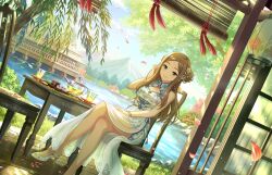Rule 34 | 1girl, aqua eyes, blue dress, breasts, brown hair, chair, china dress, chinese clothes, cleavage, closed mouth, crossed legs, cup, double bun, dress, dutch angle, falling petals, floral print, flower, food, foot out of frame, forehead, game cg, hair bun, hair flower, hair ornament, hand on own thigh, hand up, high heels, idolmaster, idolmaster cinderella girls, idolmaster cinderella girls starlight stage, lantern, legs, long hair, looking at viewer, matsuyama kumiko, official art, outdoors, paper lantern, parted bangs, petals, print dress, see-through, shadow, sitting, sleeveless, small breasts, smile, solo, table, teacup, teapot, thighs, tree, white dress, white footwear, wooden floor