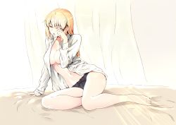 Rule 34 | 1girl, absurdres, arm support, artoria pendragon (all), artoria pendragon (fate), bare legs, barefoot, black panties, blonde hair, breasts, collared shirt, fate/stay night, fate (series), full body, highres, huge filesize, long hair, long sleeves, looking at viewer, medium breasts, momihige, navel, on bed, open clothes, open shirt, panties, rubbing eyes, saber alter, shirt, sidelocks, solo, stomach, tearing up, underwear, waking up, white shirt, yawning, yellow eyes