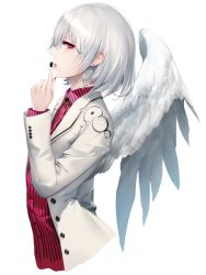 Rule 34 | 1girl, arm at side, bolo tie, brooch, buttons, collared shirt, cropped torso, crystal earrings, dress shirt, earrings, eyelashes, feathered wings, finger to mouth, flat chest, from side, index finger raised, jacket, jewelry, kishin sagume, kodama (wa-ka-me), long sleeves, looking at viewer, open clothes, open jacket, parted lips, pink shirt, profile, red eyes, shirt, short hair, shushing, single wing, solo, striped clothes, striped shirt, touhou, upper body, white hair, white jacket, white wings, wings
