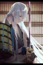 Rule 34 | 1boy, arm guards, armor, beads, blue eyes, blurry, closed mouth, depth of field, earrings, eyelashes, grey hair, grey kimono, half-closed eyes, highres, holding, holding sword, holding weapon, japanese armor, japanese clothes, jewelry, kesa, kimono, kousetsu samonji, long hair, long sleeves, looking away, looking down, male focus, prayer beads, profile, serota, short hair, shoulder armor, sidelocks, solo, straight hair, sword, tassel, tassel earrings, touken ranbu, unsheathed, upper body, weapon
