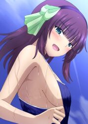 Rule 34 | 1girl, :d, angel beats!, bare arms, black hairband, blue one-piece swimsuit, blunt bangs, blush, bow, breasts, commentary request, day, from side, green bow, green eyes, hair bow, hairband, happy, highres, lelie (lelie link), looking at viewer, looking down, medium hair, nakamura yuri, one-piece swimsuit, open mouth, outdoors, paid reward available, purple hair, sideboob, sidelocks, smile, solo, straight hair, swimsuit, tsurime, upper body, wet