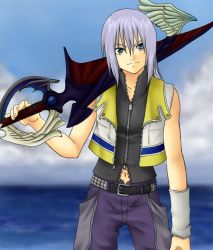 Rule 34 | 1boy, blow wind, green eyes, keyblade, kingdom hearts, long hair, male focus, midriff, over shoulder, parody, riku (kingdom hearts), shuu (blow wind), silver hair, solo, style parody, sword, sword over shoulder, tales of (series), tales of vesperia, weapon, weapon over shoulder, wristband