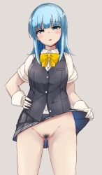 Rule 34 | 1girl, ascot, black skirt, black vest, blouse, blue eyes, blue hair, blush, clothes lift, commentary request, female pubic hair, grey background, hand on own hip, hatsukaze (kancolle), highres, hime cut, kantai collection, long hair, looking at viewer, no panties, open mouth, pleated skirt, pubic hair, pussy juice, shirt, simple background, skirt, skirt lift, solo, vest, wasumi kei, white shirt, yellow ascot