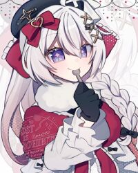 1girl black_gloves black_hat bow braid commentary frilled_sleeves frills gloves hair_between_eyes hair_bow hair_ornament hairclip hashtag-only_commentary hat heart heart_hair_ornament highres holding holding_spoon honkai_(series) honkai_impact_3rd kiana_kaslana kiana_kaslana_(don_quijote) long_hair long_sleeves looking_at_viewer pino_(pino2452) purple_eyes red_bow smile solo spoon utensil_in_mouth watermark white_hair winter_clothes x_hair_ornament zoom_layer