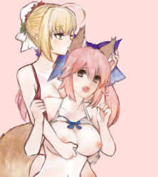 Rule 34 | 10s, 2girls, ahoge, animal ears, biting, blonde hair, blue bow, bow, bra, grabbing another&#039;s breast, breasts, brown eyes, fate/extra, fate (series), fox ears, fox tail, grabbing, hair bow, hair bun, large breasts, multiple girls, navel, nero claudius (fate), nero claudius (fate) (all), nero claudius (fate/extra), nipples, one eye closed, open mouth, pink background, pink hair, psha099, single hair bun, tail, tamamo (fate), tamamo no mae (fate/extra), underwear, upper body, yuri