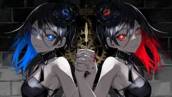 Rule 34 | 2girls, bare arms, bare shoulders, black dress, black flower, black hair, blue eyes, blue hair, blue nails, breasts, brick wall, butterfly-shaped pupils, commentary request, copyright request, dress, flower, gears, hair between eyes, hair flower, hair ornament, highres, holding hands, interlocked fingers, lam (ramdayo), long hair, looking at viewer, medium breasts, multicolored hair, multiple girls, nail polish, red eyes, red hair, red nails, strapless, strapless dress, symbol-shaped pupils, two-tone hair, upper body