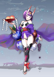 Rule 34 | 1girl, ankle bow, ankle ribbon, bare shoulders, blunt bangs, bob cut, bow, breasts, collarbone, commentary request, cup, fate/grand order, fate (series), food, fruit, full body, gourd, grapes, grey background, head tilt, headpiece, highres, holding, holding food, horns, japanese clothes, kimono, leg ribbon, long sleeves, looking at viewer, navel, no shoes, off shoulder, oni, peach, purple eyes, purple hair, purple kimono, red bow, ribbon, sakazuki, shadow, short eyebrows, short hair, shuten douji (fate), skin-covered horns, small breasts, solo, standing, suishougensou, thick eyebrows, toenails, wide sleeves
