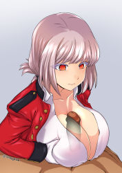 Rule 34 | 1boy, 1girl, braid, breasts, breasts squeezed together, buttons, censored, cleavage, collarbone, dress shirt, eyelashes, fate/grand order, fate (series), florence nightingale (fate), folded ponytail, grey background, hetero, highres, isemagu, jacket, large breasts, military jacket, mosaic censoring, orange eyes, paizuri, penis, pink hair, red jacket, shirt, signature, simple background, swept bangs, x-ray