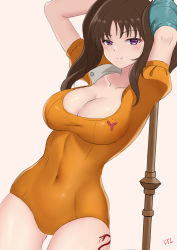 Rule 34 | 1girl, arm over head, arms up, artist name, blush, breasts, brown hair, cleavage, collarbone, commentary request, covered navel, cyicheng, diane (nanatsu no taizai), large breasts, leotard, long hair, looking at viewer, nanatsu no taizai, orange leotard, purple eyes, short sleeves, simple background, smile, solo, twintails, white background