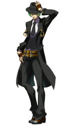 Rule 34 | 1boy, ^ ^, arc system works, belt, blazblue, chain, closed eyes, coat, fedora, fingerless gloves, formal, gloves, green hair, hand on own head, hand on own hip, hat, hazama, highres, male focus, mori toshimichi, necktie, official art, pants, short hair, simple background, smile, solo, standing, suit, trench coat, vest