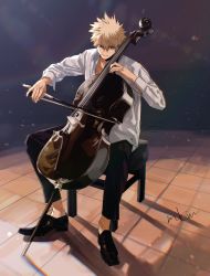 Rule 34 | 1boy, bakugou katsuki, blonde hair, boku no hero academia, bow, bow (music), cello, collared shirt, highres, holding, instrument, lens flare, male focus, mkm (mkm storage), music, playing instrument, red eyes, shadow, shirt, signature, sitting, solo, spiked hair, stool, tile floor, tiles, white shirt