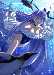 Rule 34 | 1girl, absurdres, armor, bare shoulders, bird, blue choker, blue eyes, blue one-piece swimsuit, blue ribbon, breasts, calzooone, choker, cleavage, collarbone, covered navel, fate/grand order, fate (series), frills, greaves, hair between eyes, hair ribbon, highleg, highleg swimsuit, highres, long hair, long sleeves, looking at viewer, medium breasts, meltryllis, meltryllis (fate), meltryllis (swimsuit lancer) (fate), meltryllis (swimsuit lancer) (second ascension) (fate), one-piece swimsuit, open mouth, penguin, puffy sleeves, purple hair, ribbon, sleeves past fingers, sleeves past wrists, smile, swimming, swimsuit, thighs, underwater, very long hair