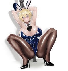 Rule 34 | 1girl, absurdres, animal ears, armpits, arms behind head, arms up, ass, between breasts, black bow, black bowtie, black headband, black pantyhose, blonde hair, blue eyes, blue leotard, blush, bow, bowtie, breasts, cleavage, cuffs, detached collar, fake animal ears, full body, gcg, girls&#039; frontline, hair between eyes, handcuffs, headband, high heels, highres, huge breasts, leotard, mole, mole under eye, pantyhose, playboy bunny, shadow, shiny clothes, shiny skin, short hair, simple background, solo, spread legs, squatting, taut leotard, thighs, vsk-94 (girls&#039; frontline), white background