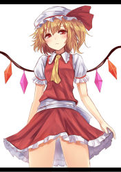 Rule 34 | 1girl, ascot, asymmetrical hair, blonde hair, blush, bow, flandre scarlet, hat, hat bow, letterboxed, miniskirt, nakaichi (ridil), red eyes, side ponytail, skirt, solo, touhou, wings, zeb nakaichi