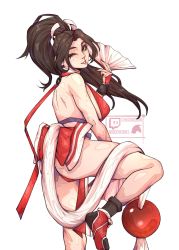 Rule 34 | 1girl, ass, bare back, bare shoulders, breasts, brown hair, chuckuddin, fatal fury, highres, large breasts, long hair, looking at viewer, one eye closed, pelvic curtain, shiranui mai, sleeveless, standing, standing on one leg, the king of fighters, thong, wink