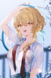 Rule 34 | 1girl, air bubble, alternate costume, arm up, blonde hair, blurry, blurry background, bubble, genshin impact, hair between eyes, highres, looking at viewer, loose necktie, lumine (genshin impact), necktie, open mouth, school uniform, shirt, short hair with long locks, short sleeves, signature, skirt, smile, solo, teeth, upper teeth only, utsuhostoria, wet, wet clothes, wet shirt, white shirt, yellow eyes