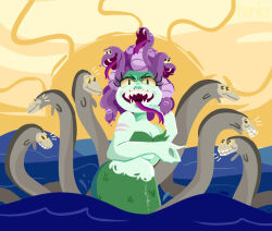 Rule 34 | 1girl, bare arms, bare shoulders, cala maria (cuphead), colored sclera, colored skin, cowboy shot, cuphead (game), eel, eyeshadow, fangs, forked tongue, green eyeshadow, green skin, h0nks, hand on own cheek, hand on own face, looking at viewer, makeup, mermaid, monster girl, navel, ocean, octopus, open mouth, scar, scar on arm, sharp teeth, shell, shell bikini, slit pupils, snake, snake hair, solo, sun, teeth, tentacle hair, tongue, tongue out, yellow sclera