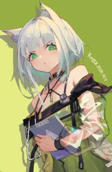 Rule 34 | 1girl, absurdres, arknights, artist name, bow, breasts, chinese commentary, clipboard, commentary request, dated, dress, dutch angle, green bow, green dress, highres, holding, holding clipboard, kal&#039;tsit (arknights), kami otona, looking at viewer, off-shoulder dress, off shoulder, rhodes island logo (arknights), see-through, see-through sleeves, short hair, simple background, small breasts, solo, stethoscope, upper body, v-shaped eyebrows, watch, white hair, wristwatch