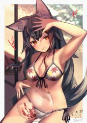 Rule 34 | 1girl, absurdres, animal ear fluff, animal ears, arm up, armpits, ball, beach umbrella, beachball, bikini, black hair, blurry, blurry background, breasts, cleavage, closed mouth, commentary, cowboy shot, dated, day, food, fruit, hair between eyes, heart, highres, holding, holding ball, holding beachball, hololive, huge filesize, inaba teitoku, leaf print, long hair, looking at viewer, medium breasts, multicolored hair, navel, official alternate costume, ookami mio, ookami mio (hololive summer 2019), open hand, orange eyes, outdoors, print bikini, red hair, see-through, shade, shading eyes, side-tie bikini bottom, sitting, solo, stomach, streaked hair, swimsuit, tail, tongue, tongue out, tray, two-tone hair, umbrella, virtual youtuber, watermelon, white bikini, wolf ears, wolf girl, wolf tail