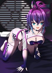 Rule 34 | 1girl, all fours, ass, bandaid, bandaid on face, bandaid on nose, bed, blue eyes, blue hair, breasts, butt crack, cleavage, cleavage cutout, clothing cutout, fingerless gloves, gloves, gradient legwear, h1de0 matsu, highres, indie virtual youtuber, looking at viewer, medium breasts, medium hair, melody (projektmelody), melody (projektmelody) (race queen), multicolored hair, open mouth, ponytail, purple hair, race queen, shirt, short shorts, shorts, streaked hair, thighhighs, virtual youtuber, vshojo, white shirt, white shorts, white thighhighs