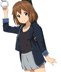 Rule 34 | 1girl, a1 (initial-g), brown eyes, brown hair, guitar case, hair ornament, hairclip, hirasawa yui, instrument case, k-on!, school swimsuit, short hair, simple background, skirt, smile, solo, standing, sweat, swimsuit, swimsuit under clothes
