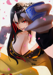 Rule 34 | 1girl, black dress, black hair, breasts, china dress, chinese clothes, chinese knot, choko (cup), cleavage, colored inner hair, cup, dress, floral print, goddess of victory: nikke, huge breasts, long hair, long sleeves, looking at viewer, moran (nikke), multicolored hair, red eyes, red hair, relentless, sidelocks, solo, two-tone dress, two-tone hair