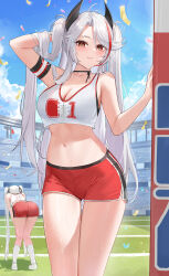 Rule 34 | 2girls, antenna hair, arm behind head, arm up, armband, ass, azur lane, bare shoulders, bent over, black choker, breasts, choker, cleavage, closed mouth, cowboy shot, crop top, crop top overhang, day, formidable (azur lane), hand up, headgear, highres, large breasts, long hair, looking at viewer, midriff, multicolored hair, multiple girls, navel, official alternate costume, outdoors, parted bangs, prinz eugen (azur lane), prinz eugen (brilliant touchdown) (azur lane), qing wu, red eyes, red shorts, ribbon choker, shirt, short shorts, shorts, sleeveless, sleeveless shirt, smile, solo focus, standing, stomach, streaked hair, sweat, thigh gap, thighs, twintails, two side up, very long hair, white hair, white shirt