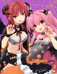 Rule 34 | 2girls, :d, ahoge, alternate costume, angel beats!, animal ears, asami yuriko, asymmetrical legwear, bare shoulders, bat hair ornament, black choker, black cloak, black hairband, black nails, black shirt, black skirt, black thighhighs, blush, bra, breasts, candy print, choker, cloak, commentary request, curled horns, demon horns, demon tail, demon wings, eyes visible through hair, fake animal ears, fake tail, fake wings, fang, fangs, fingernails, fur-trimmed bra, fur trim, grey bra, grey shirt, hair between eyes, hair ornament, hairband, halloween, halloween costume, hand up, horns, iwasawa masami, large breasts, long fingernails, long hair, looking at viewer, medium hair, miniskirt, mismatched legwear, multiple girls, nail polish, navel, open mouth, orange thighhighs, paw pose, petticoat, pink eyes, pink hair, purple background, red eyes, red hair, red nails, shirt, sidelocks, simple background, skirt, small breasts, smile, spider web print, stomach, tail, teeth, thighhighs, two side up, underwear, upper teeth only, upturned eyes, very long hair, white fur, wings, yui (angel beats!)