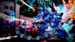 Rule 34 | 3d, battle, blurry, blurry foreground, building, chain, cityscape, commentary, contrail, damaged, debris, dirty, english commentary, explosion, explosive, grenade, gundam, gundam 0080, highres, itano circus, kampfer (mobile suit), lights, mecha, missile, mobile suit, motion blur, night, no humans, one-eyed, realistic, robot, science fiction, shoulder spikes, smoke, spikes, window, wisteria tf