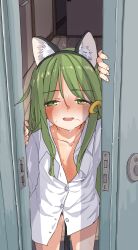 Rule 34 | 1girl, animal ear fluff, animal ears, crescent, crescent hair ornament, fake animal ears, green eyes, green hair, hair ornament, highres, implied sex, kantai collection, long hair, nagatsuki (kancolle), open clothes, open mouth, open shirt, po0000000000, pussy juice, shirt, sweat, teeth, upper teeth only, white shirt