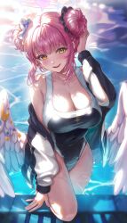 Rule 34 | 1girl, absurdres, angel wings, blue archive, blush, breasts, cleavage, collarbone, feathered wings, flower, hair bun, hair flower, hair ornament, halo, hand on own head, highres, large breasts, long hair, looking at viewer, low wings, mika (blue archive), one-piece swimsuit, pink hair, pool, ryu o, scrunchie, smile, solo, swimsuit, swimsuit under clothes, very long hair, wading, water, white wings, wings, yellow eyes