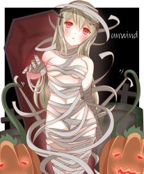 Rule 34 | 1girl, absurdres, bandaged arm, bandages, breasts, brown hair, coffin, cross, cross hair ornament, english text, glowing, glowing eyes, groin, hair ornament, hand up, head tilt, highres, jack-o&#039;-lantern, latin cross, long hair, looking at viewer, medium breasts, mummy, naked bandage, navel, night, non (wednesday-classic), original, outdoors, parted lips, red eyes, solo, tombstone, very long hair