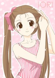 Rule 34 | 00s, 1girl, adjusting hair, bare shoulders, blush, character name, collarbone, hair ribbon, idolmaster, idolmaster (classic), idolmaster 1, itsuki sayaka, looking at viewer, minase iori, pink background, red ribbon, ribbon, simple background, sleeveless, solo, standing, striped, tank top, tying hair, upper body
