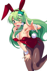 Rule 34 | 1girl, animal ears, bow, bowtie, breasts, rabbit ears, rabbit tail, playboy bunny, cleavage, detached collar, female focus, frog, green eyes, green hair, highres, kochiya sanae, large breasts, long hair, matching hair/eyes, one eye closed, pantyhose, saipin, snake, solo, tail, touhou, wink, wrist cuffs