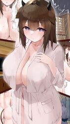 Rule 34 | 1girl, absurdres, animal ears, ass, azur lane, backboob, bathrobe, breasts, brown hair, collarbone, commentary, cow ears, cow horns, cow tail, cowboy shot, dress, from behind, hand on own chest, highres, holding, holding towel, horns, hotel, hotel room, huge breasts, kashino (azur lane), looking at viewer, multiple views, no eyes, nude, open clothes, open robe, panties, parted lips, pocket, purple eyes, purple slingshot swimsuit, rain, robe, sakkama, slingshot swimsuit, swimsuit, swimsuit under clothes, tail, television, thigh gap, thighs, towel, underwear, unworn dress, unworn panties, wet, wet clothes, wet dress, wet panties