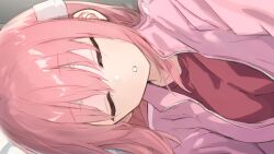 Rule 34 | 1girl, ai-assisted, bandaged head, bandages, bocchi the rock!, closed eyes, commentary request, gotoh hitori, hair between eyes, head on pillow, highres, jacket, kadohusa ginpo, long hair, lying, on side, open clothes, open jacket, open mouth, pink hair, pink jacket, red shirt, shirt, sidelocks, sleeping, solo