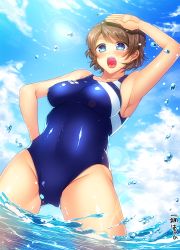 Rule 34 | 10s, 1girl, blue eyes, blue one-piece swimsuit, blush, breasts, brown hair, cloud, competition swimsuit, huge breasts, ibuki haruhi, love live!, love live! sunshine!!, one-piece swimsuit, open mouth, salute, short hair, solo, swimsuit, wading, watanabe you, water, wet