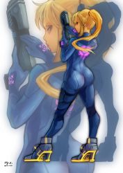 Rule 34 | 1girl, armor, ass, back, blonde hair, blue eyes, bodysuit, boringmu, contrapposto, dated, emblem, from behind, full body, gloves, glowing, greaves, gun, half-closed eyes, handgun, high heels, high ponytail, highres, holding, holding weapon, holster, long hair, looking at viewer, looking back, metroid, neon trim, ponytail, profile, samus aran, scrunchie, serious, sidelocks, signature, solo, standing, super smash bros., thigh holster, thigh strap, trigger discipline, turtleneck, weapon, white background, zero suit, zoom layer
