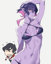 Rule 34 | 1boy, 1girl, arched back, arm behind head, armpits, ban! (bansankan), bikini, black hair, collarbone, colored skin, covered erect nipples, facial mark, frown, highres, keith (voltron), krolia, lips, looking at viewer, mother and son, multicolored hair, navel, parted lips, purple eyes, purple hair, purple skin, simple background, swimsuit, two-tone hair, voltron: legendary defender, voltron (series), wide hips